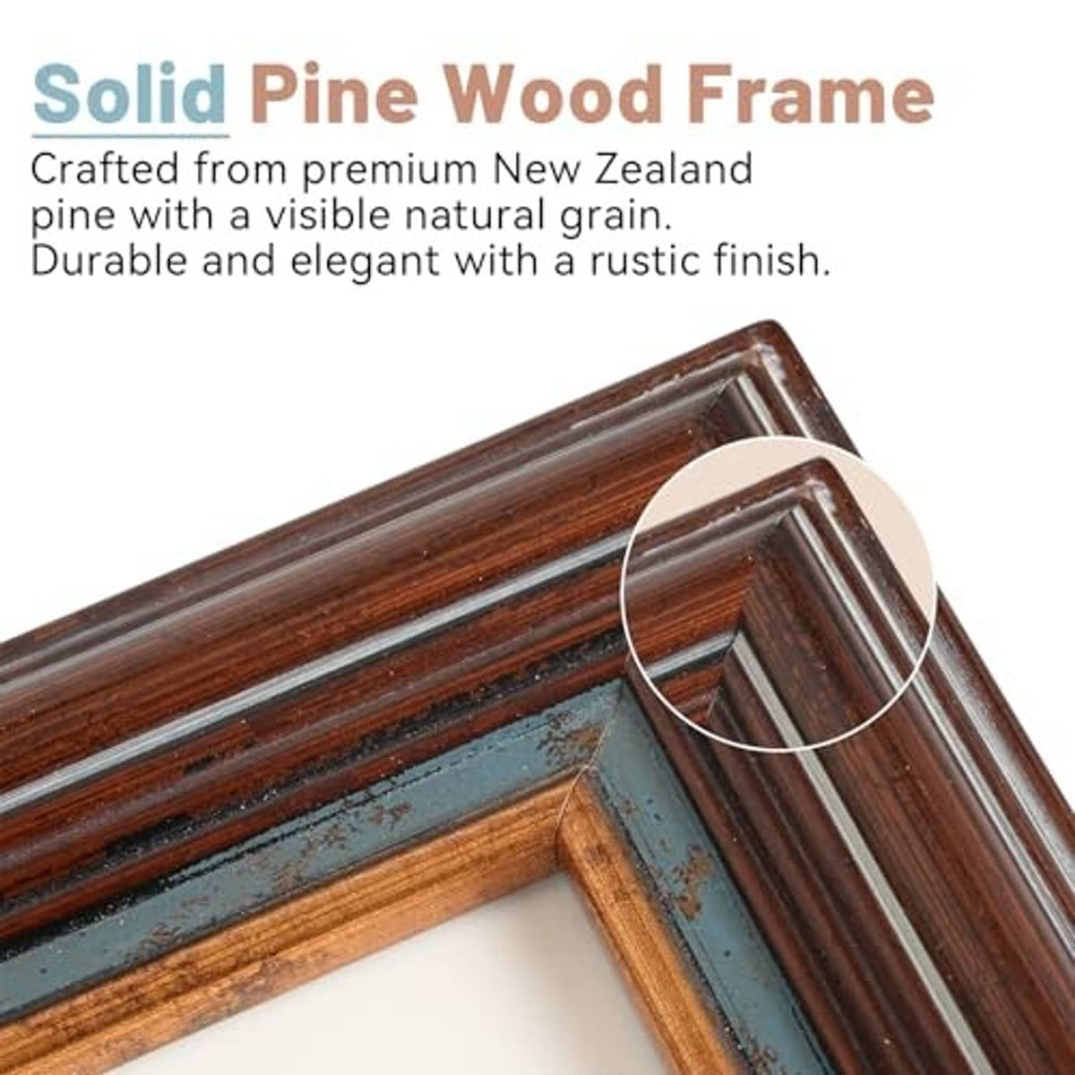 Vintage wood picture frame corner detail with distressed grain finish