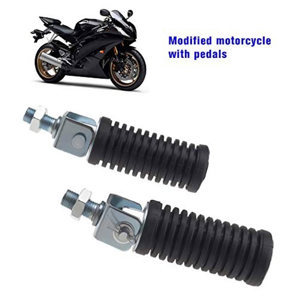 Motorcycle rear folding foot pegs, pair, black ribbed grips with silver metal brackets