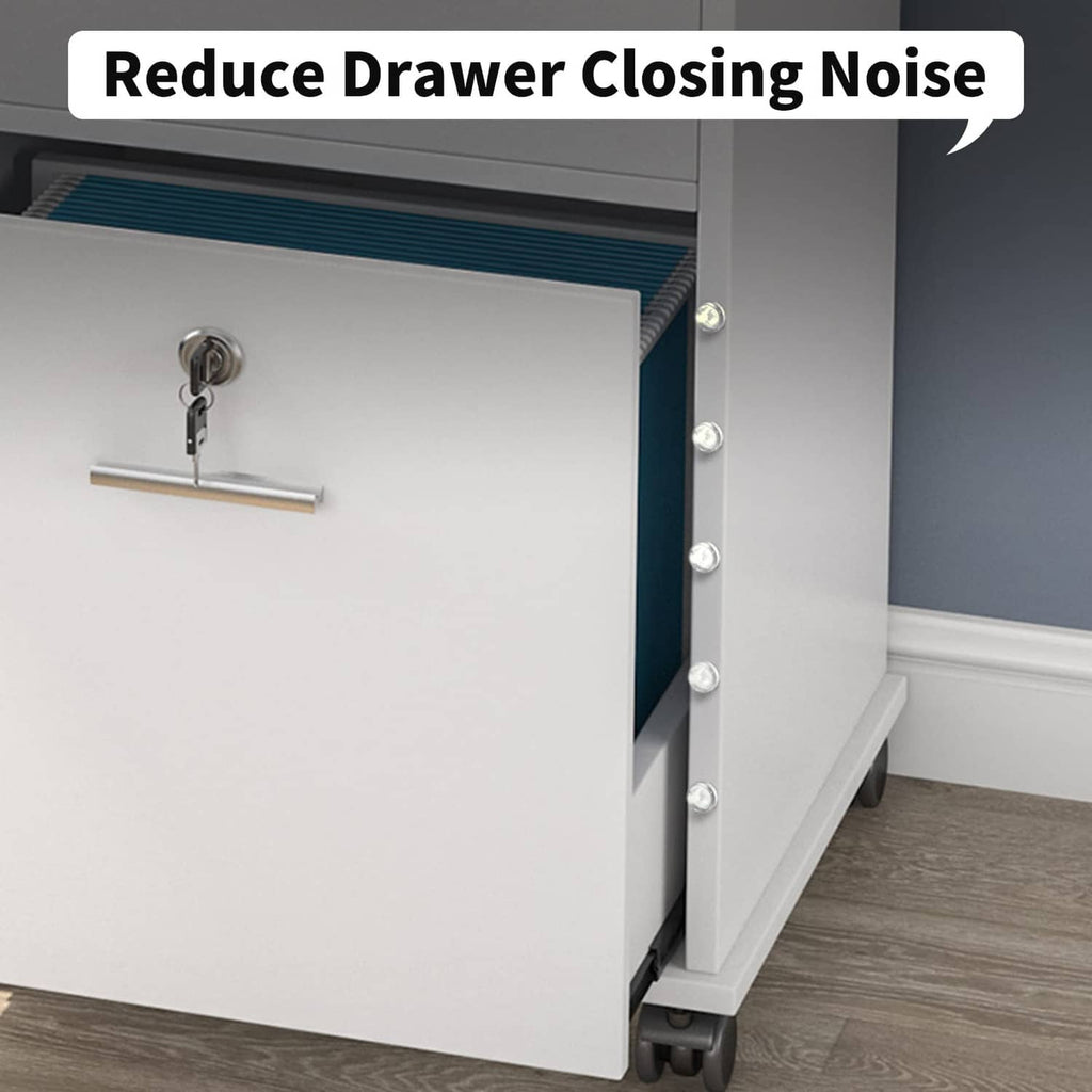 Small clear bumper pieces with stems for cushioning drawer movement