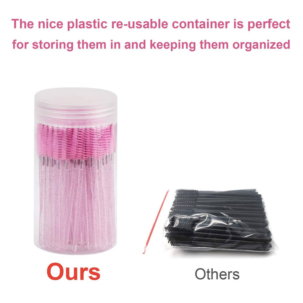 Clear re-use container holding disposable pink eyelash brushes, plus bundled black wands