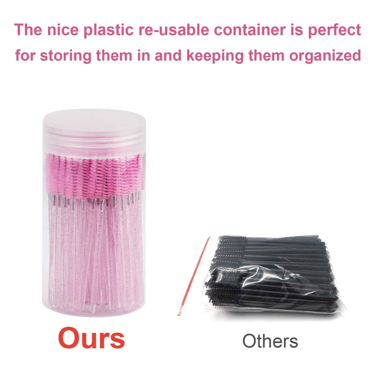 Clear re-use container holding disposable pink eyelash brushes, plus bundled black wands