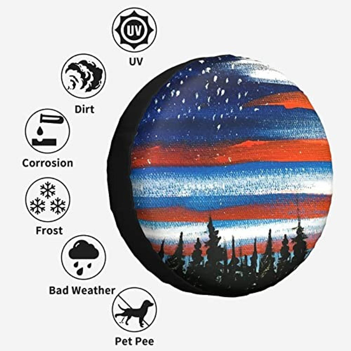 Round spare tire cover with UV, dirt, corrosion, frost icons on white background