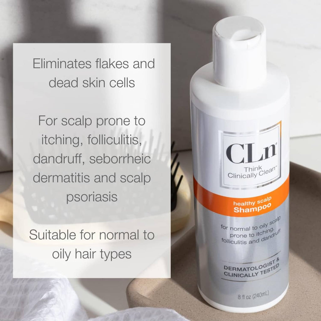 CLn healthy scalp shampoo bottle with dermatologist tested text and orange band