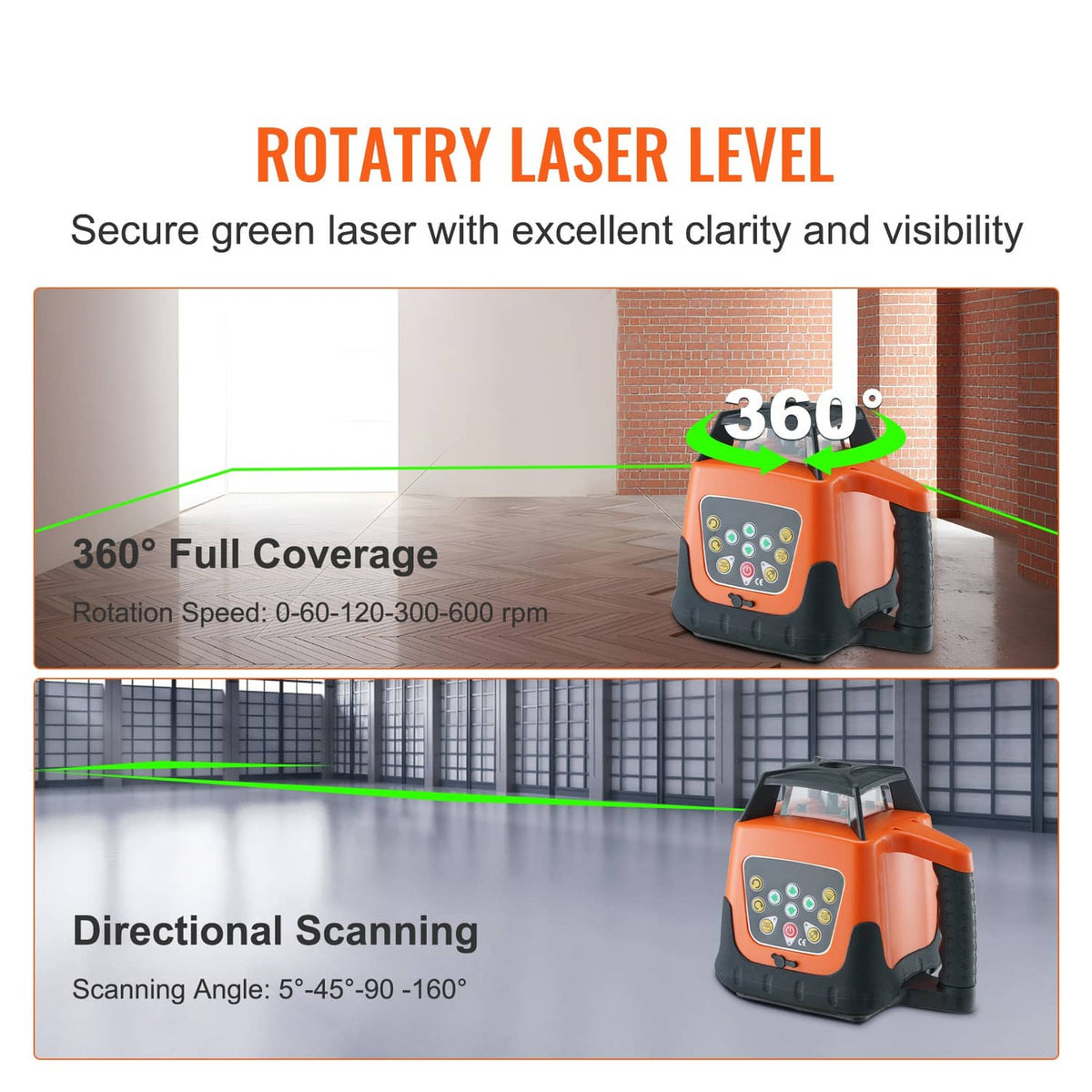 Orange 360 rotary laser level with keypad panel, showing green laser lines