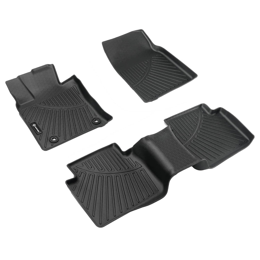 Three black floor mats shown separately, each with ridged anti-slip tread