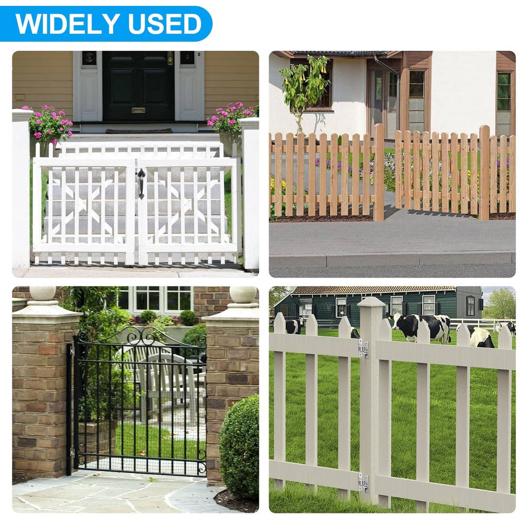 Wall-mount gate hinges on outdoor fence gates, multiple installation examples