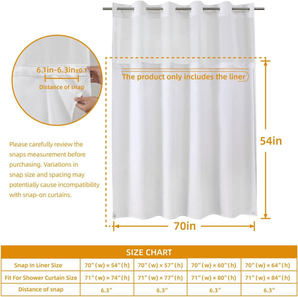 White shower curtain liner hanging on a rod with snap-in top for measurements