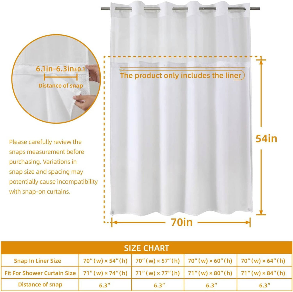 White shower curtain liner hanging on a rod with snap-in top for measurements
