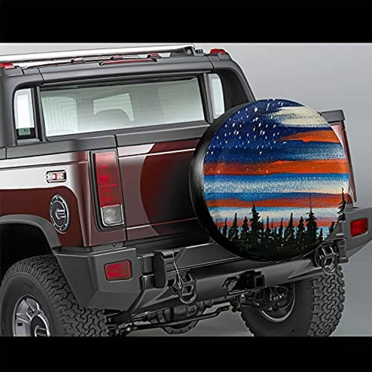 Spare tire cover displayed on the rear of a SUV, blue orange striped graphic