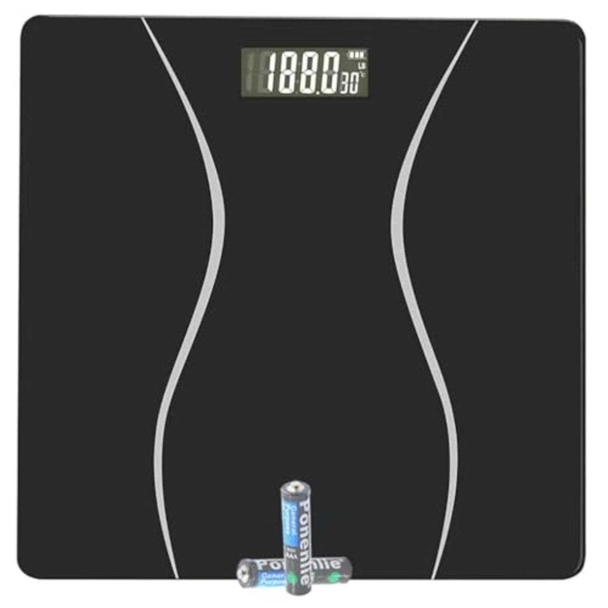 Black digital bathroom scale with tempered glass top and LCD weight display