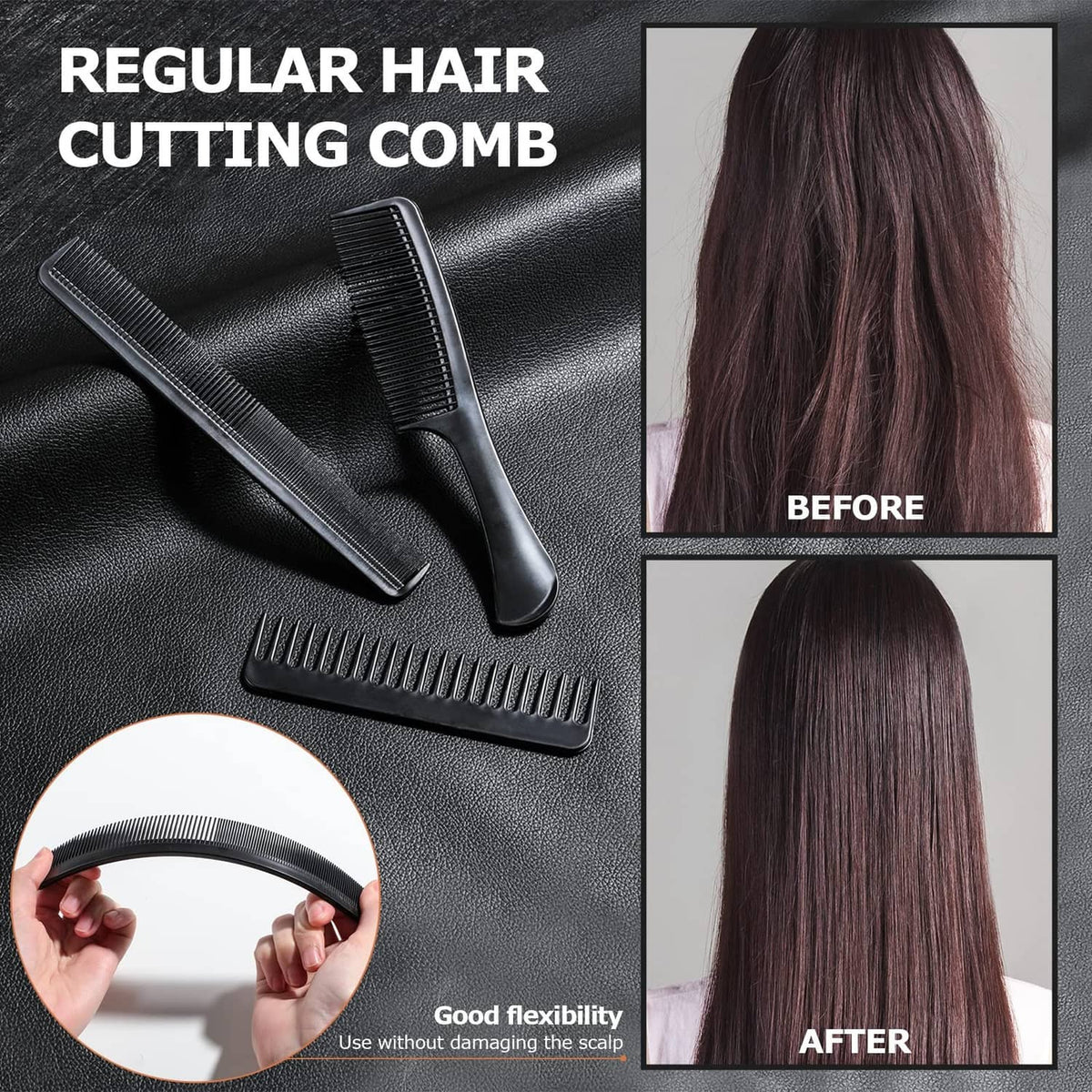 Black regular hair cutting comb, two-piece set with fine teeth