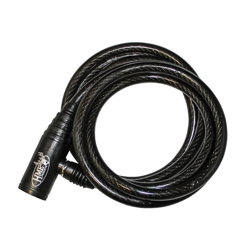 Self-coiling cable lock with black braided cover and coiled loop, Hme handle