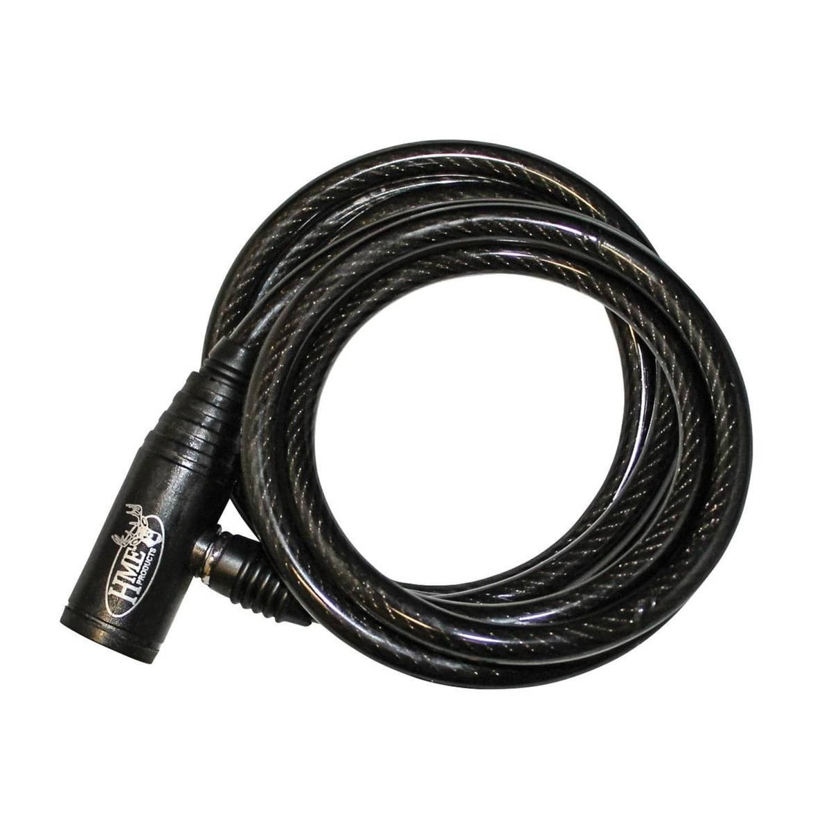 Self-coiling cable lock with black braided cover and coiled loop, Hme handle