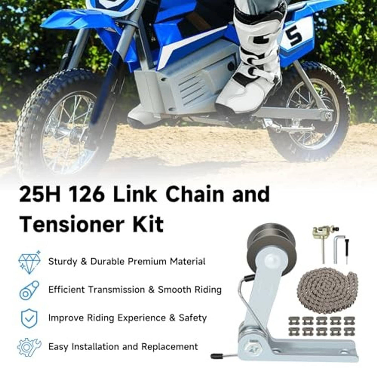 25H 126-link chain and tensioner kit shown near a blue dirt bike.