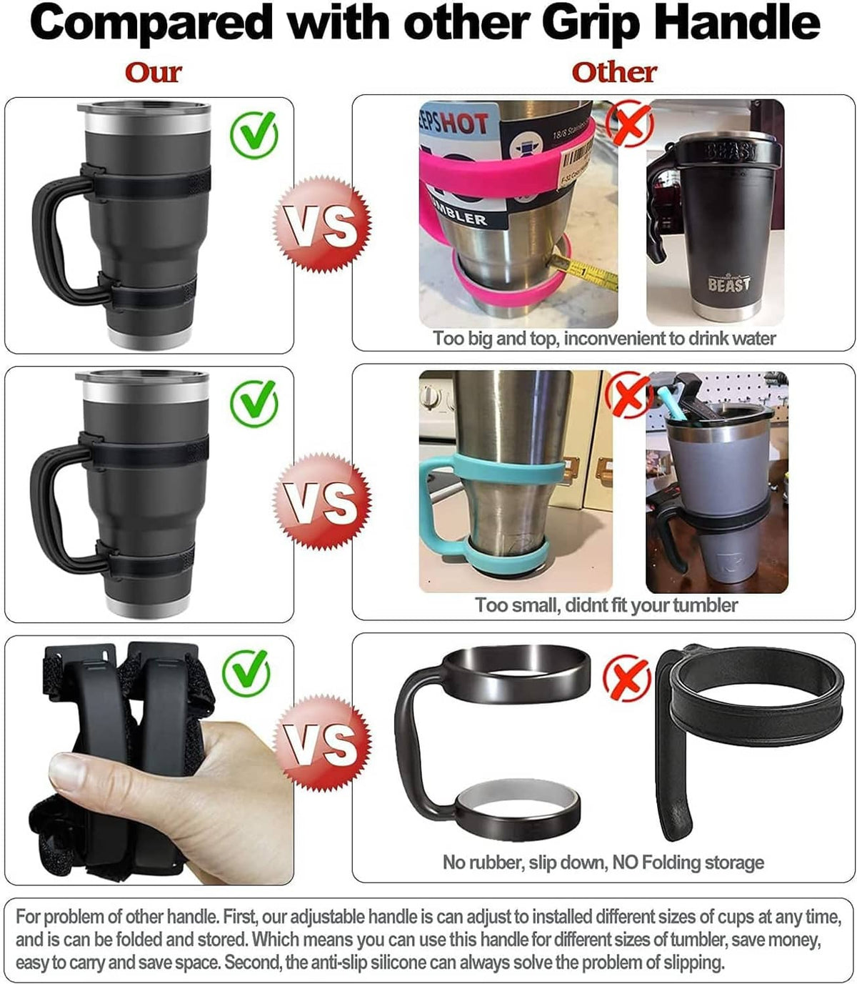 Tumbler handle set with black anti-slip strap on insulated cups, shown side-by-side