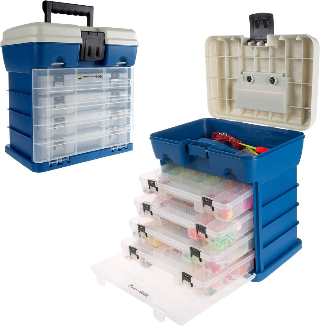 Tool organizer storage box with blue base, clear drawer bins, and beige open rear section