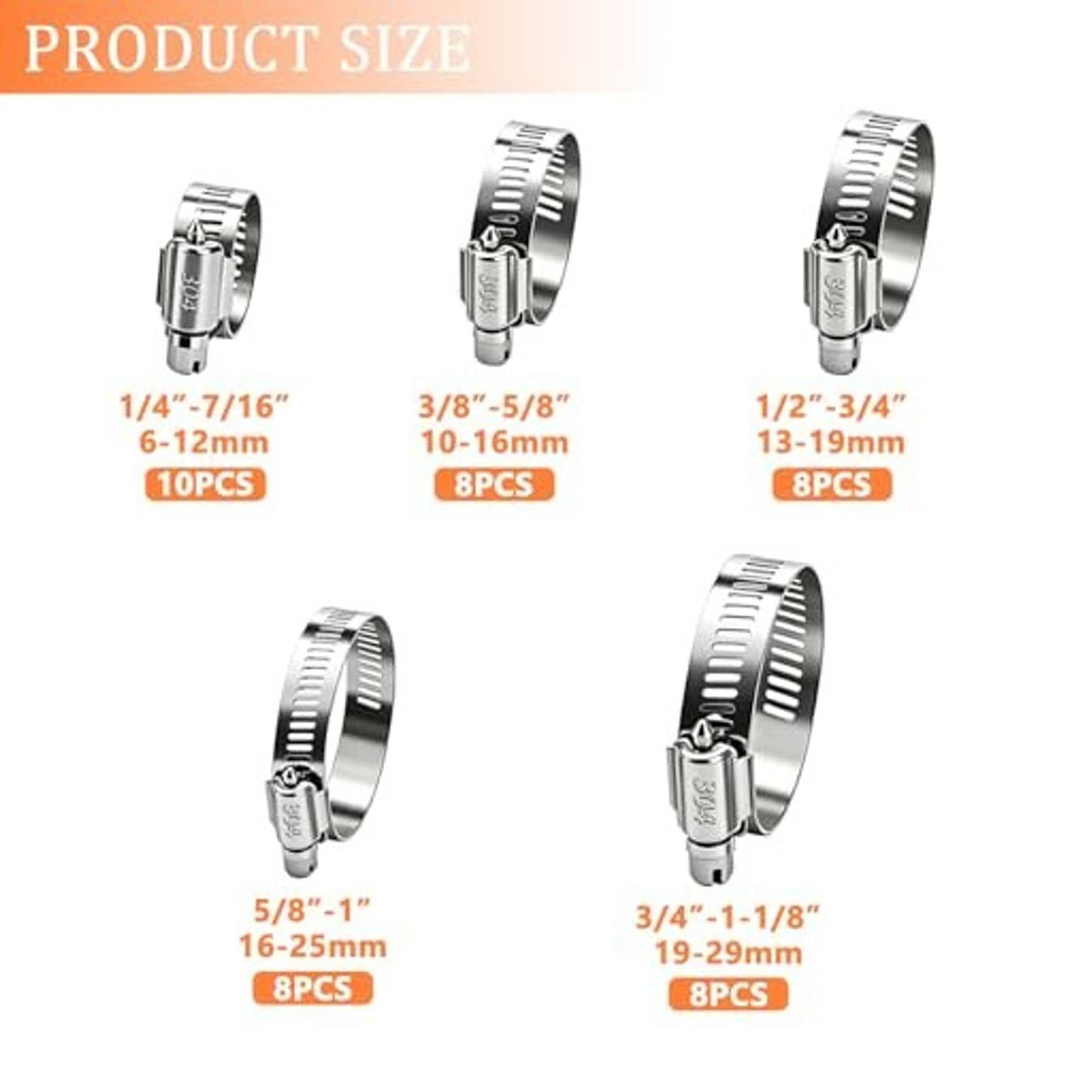 Assorted stainless steel hose clamp sizes, shown with band diameters and screw tops