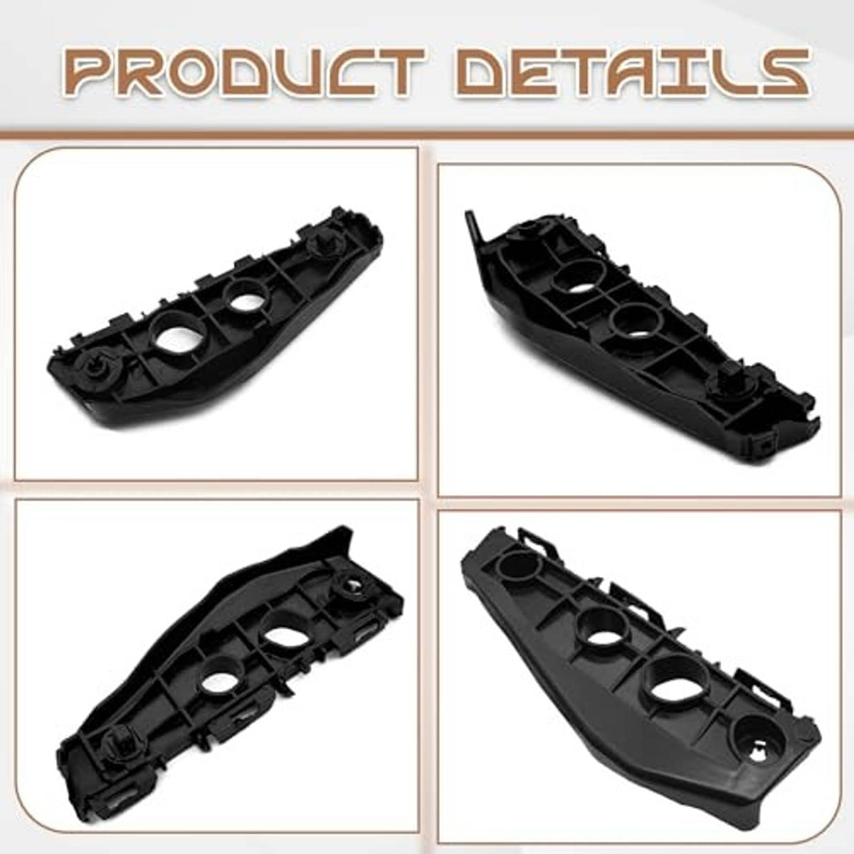 Set of black front bumper brackets with round cutouts and connector clips, molded plastic