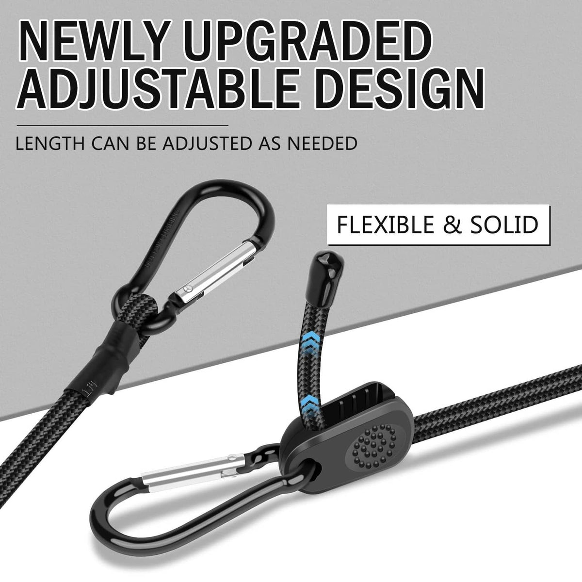 Black adjustable bungee cord with a length slider and two carabiner ends
