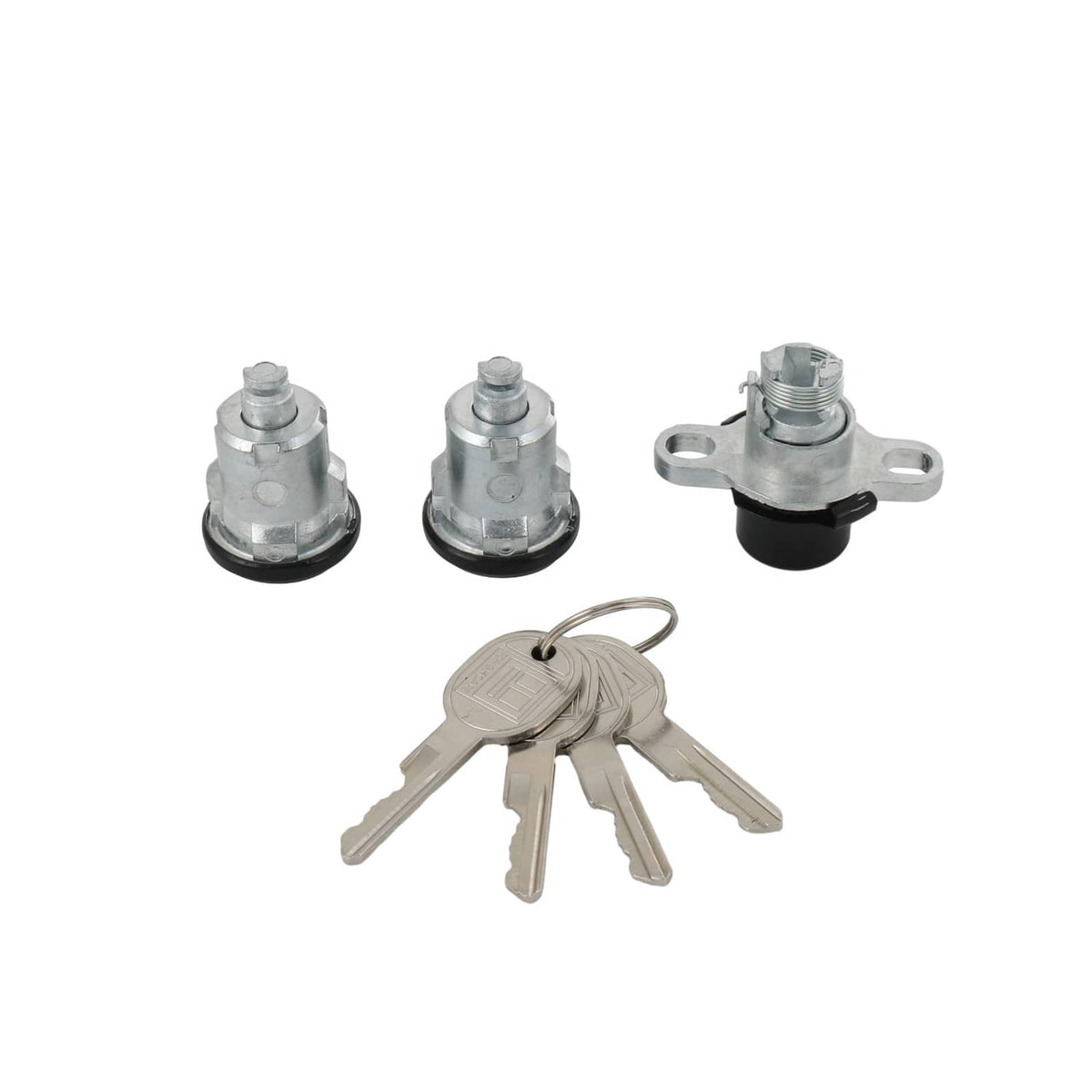 Lock cylinder set with two silver cylinders, two keys, and mounting straps