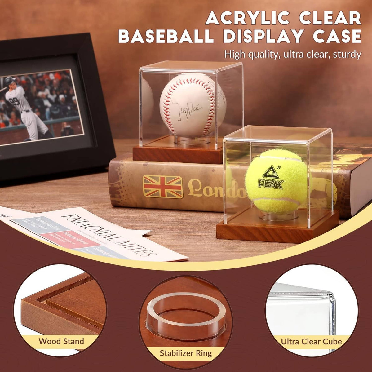 Clear acrylic baseball display case with brown wood base and floating stabilizer ring