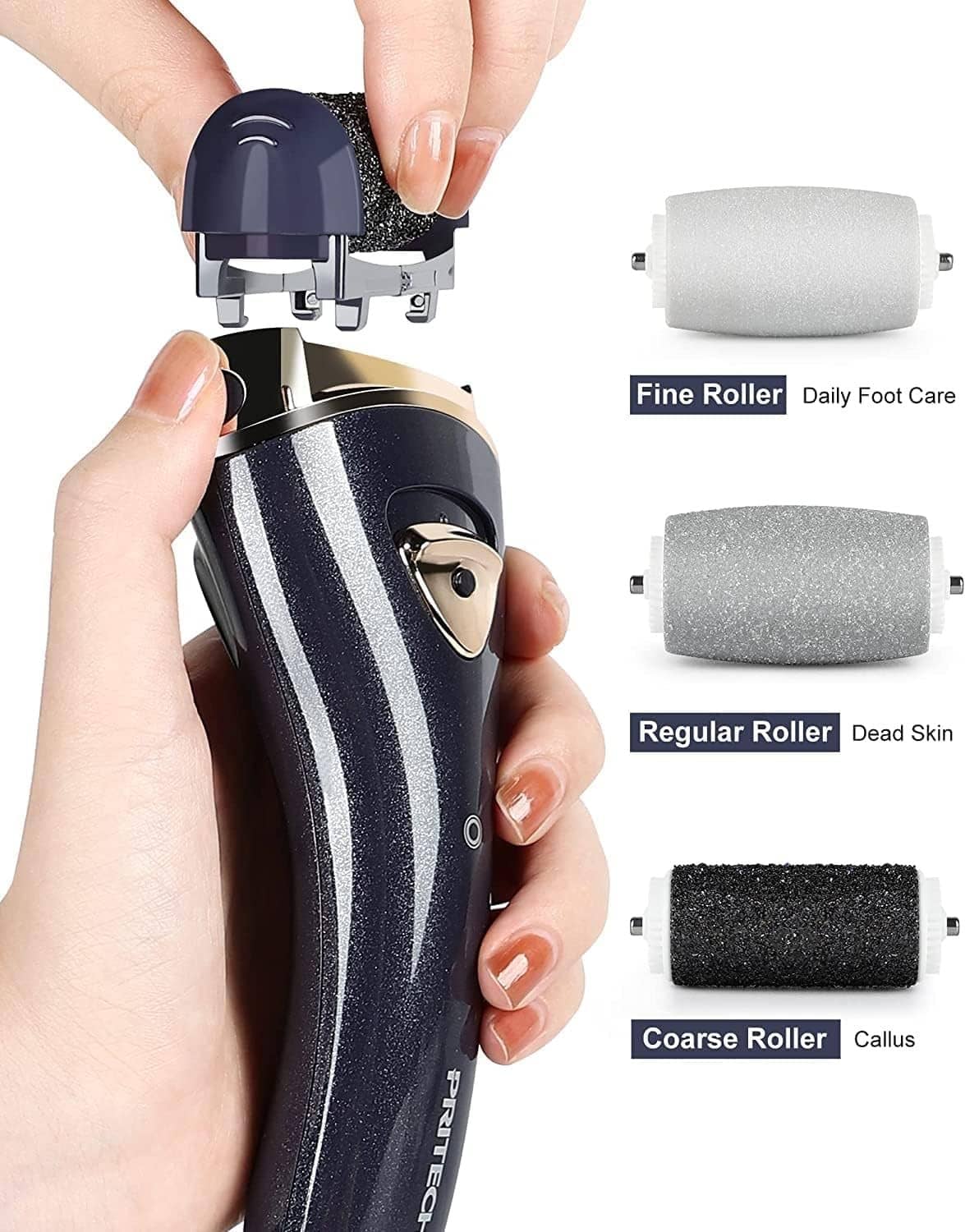 Handheld rechargeable callus remover with three removable roller heads
