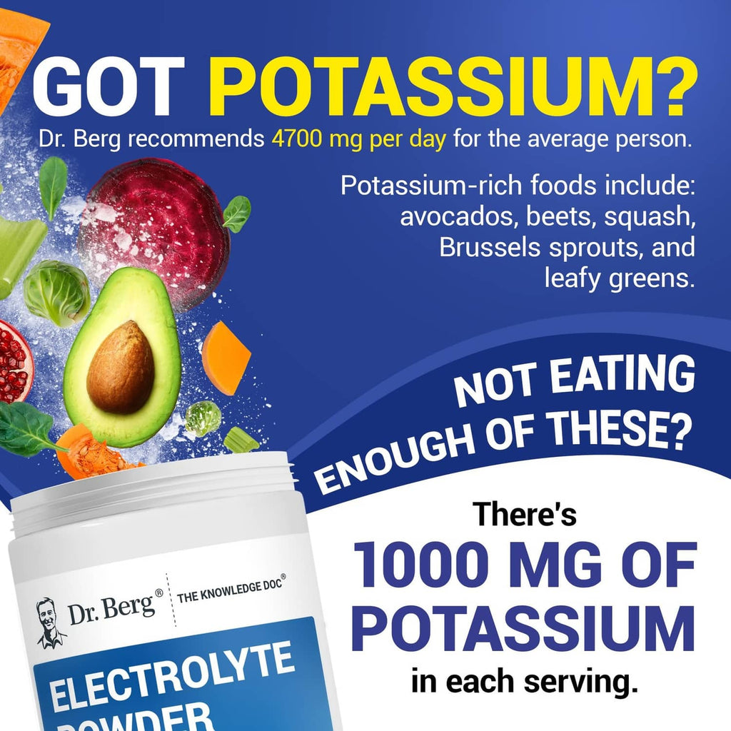 Electrolyte powder bottle with potassium-focused label and serving information