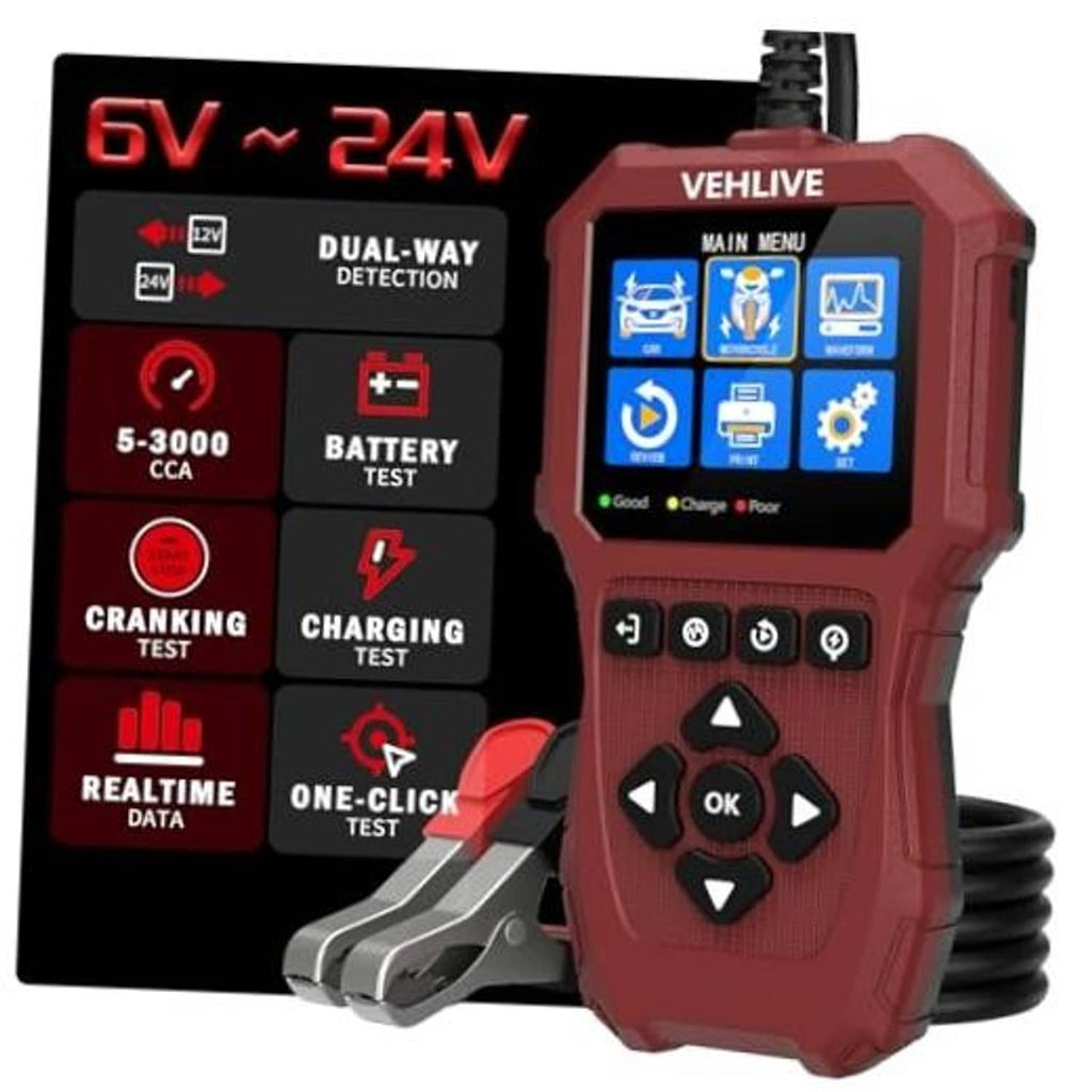 Red car battery tester with clamp leads and dual-way detection touchscreen