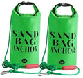Green sand bag anchors with black top handles, braided rope, and red floats (set of 2)