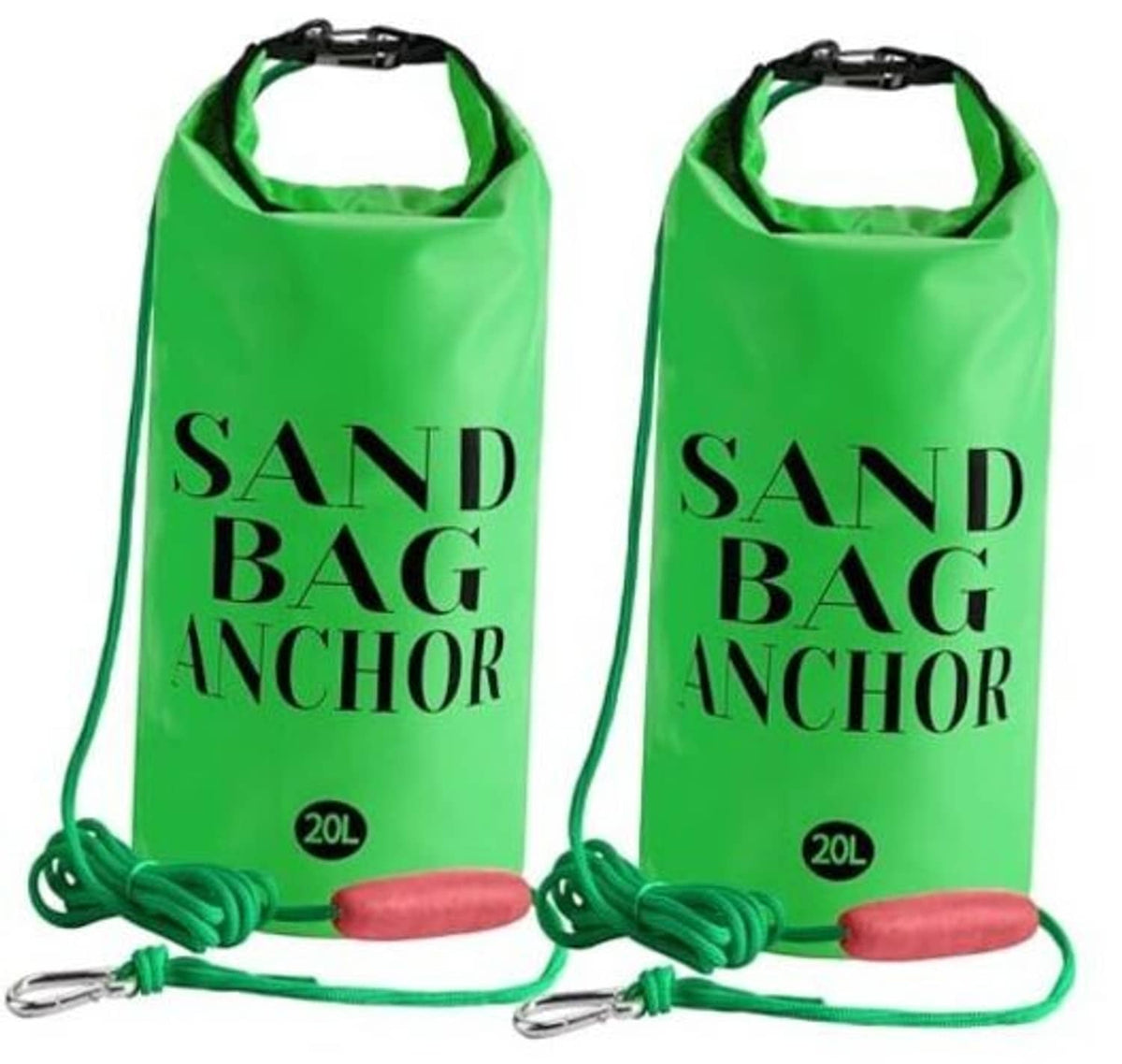 Green sand bag anchors with black top handles, braided rope, and red floats (set of 2)