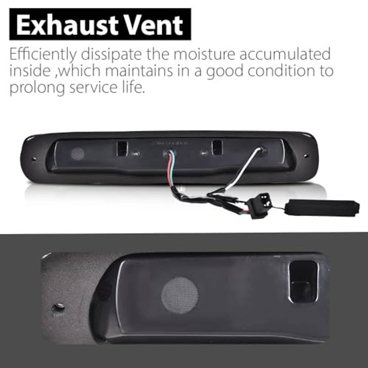 LED third brake light back housing with vent opening and wiring connector