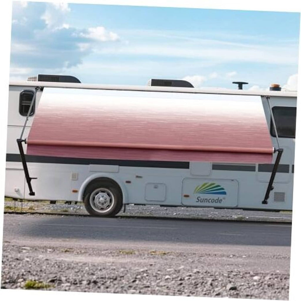 Maroon RV awning fabric replacement panel with black support arms attached