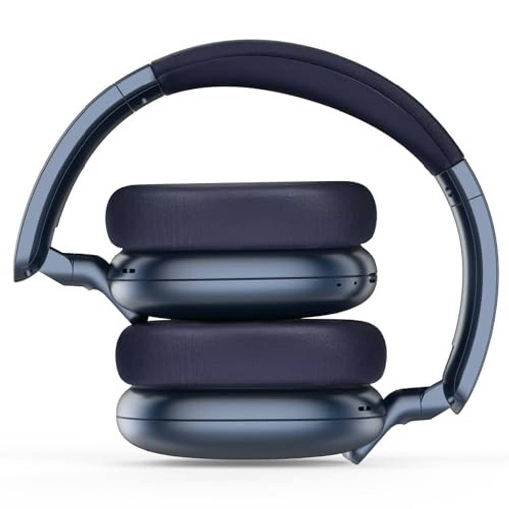 Blue over-ear headphones with thick padded headband and cushioned ear pads
