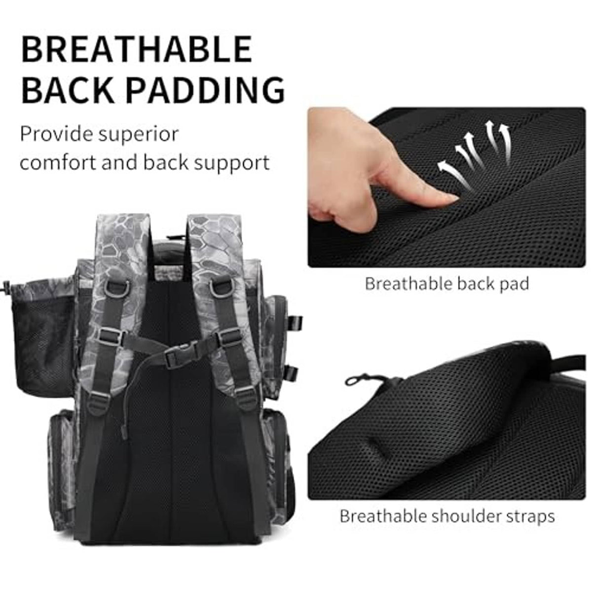 Camouflage black fishing backpack with breathable mesh back padding and cushioned straps