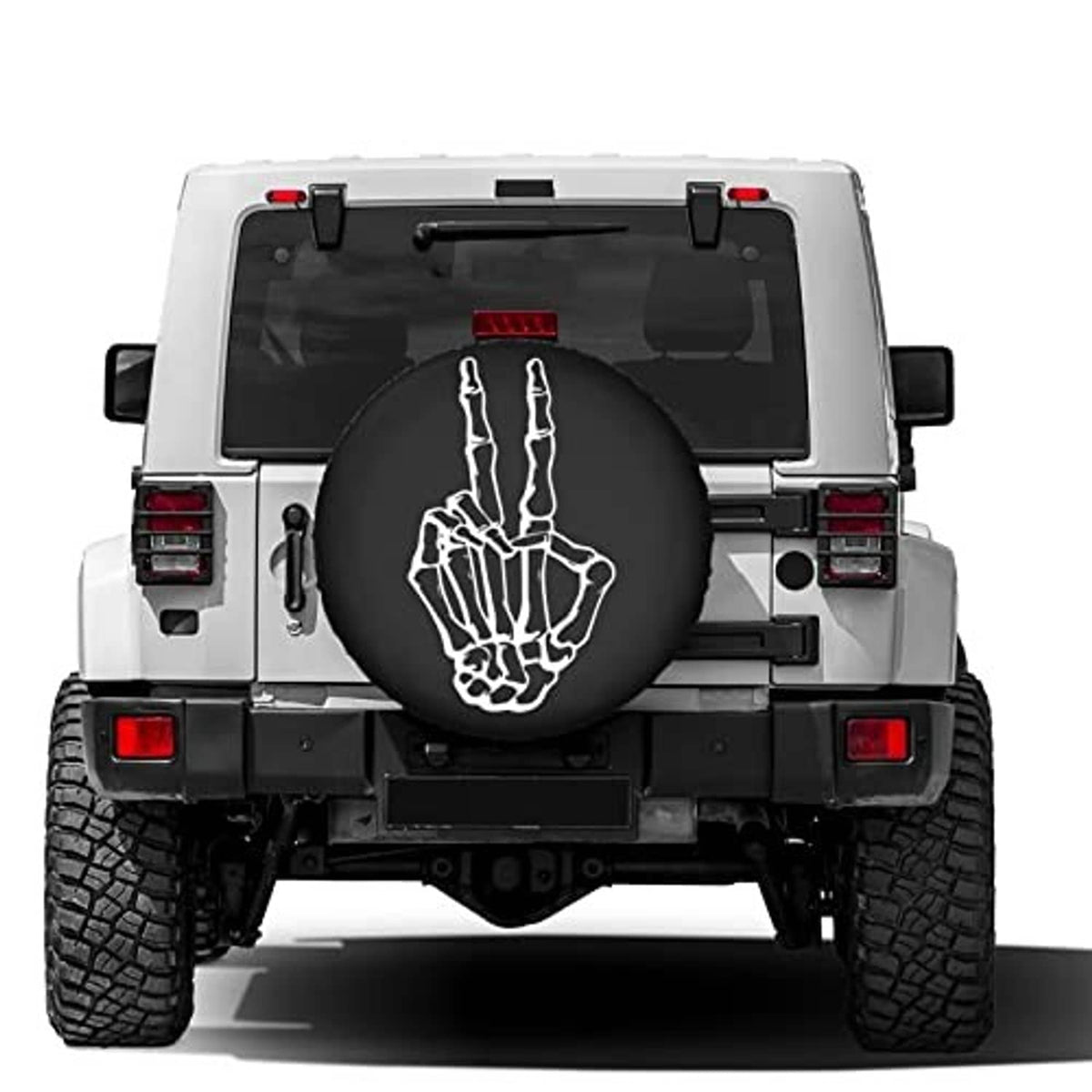 Black spare tire cover on rear door with white peace-hand graphic