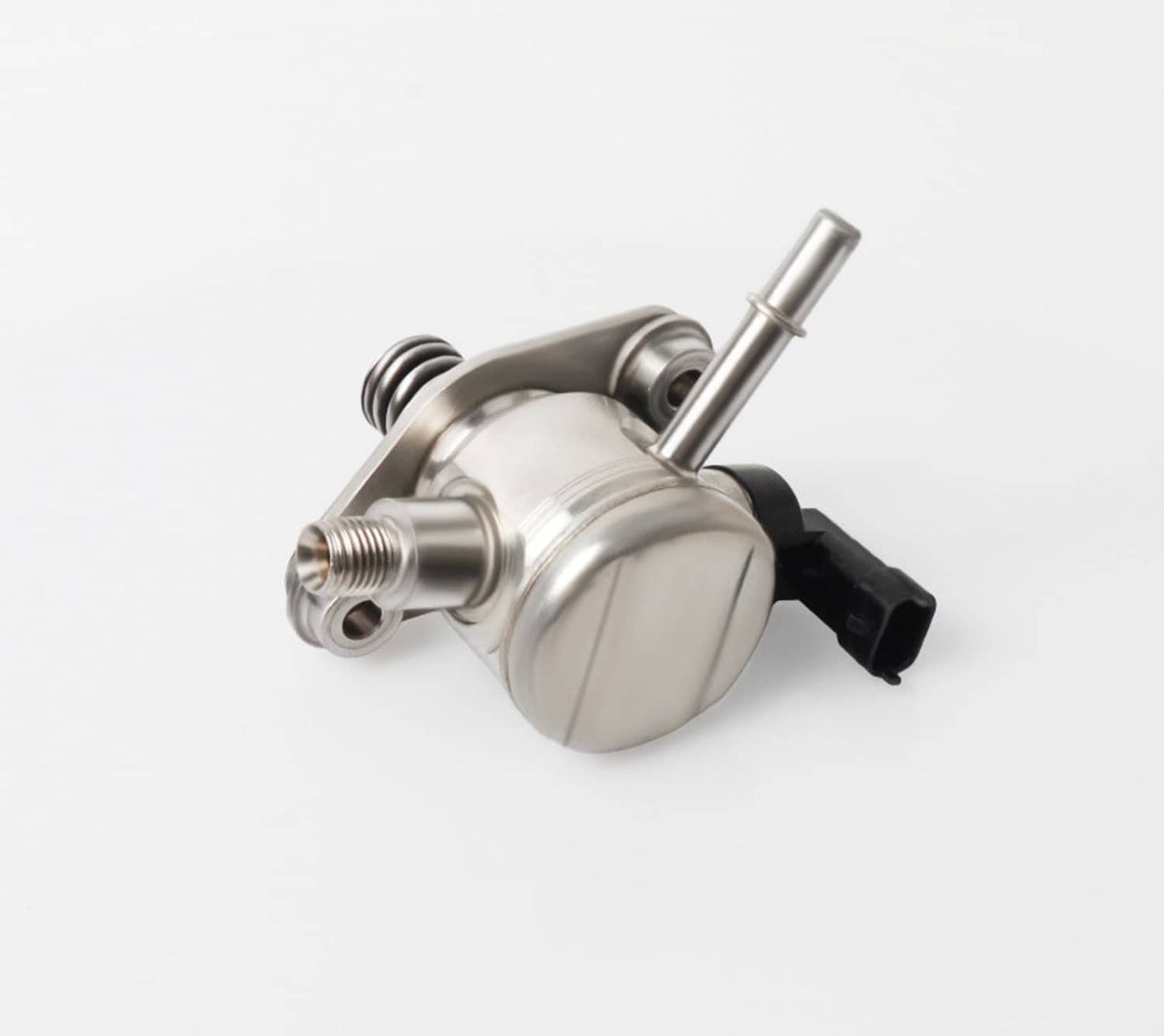 High pressure fuel pump with metal canister and black electrical connector, angled