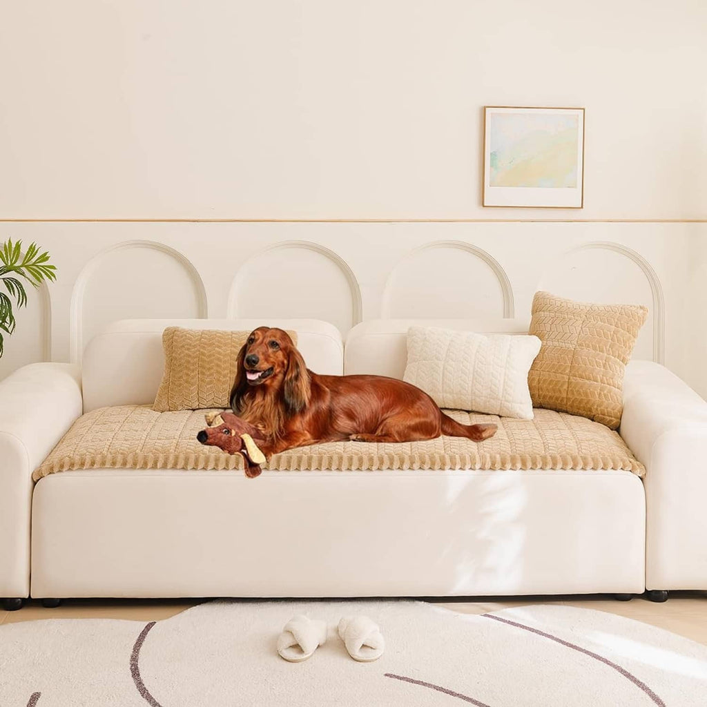 Brown fuzzy sofa cover with quilted texture, draped on a couch