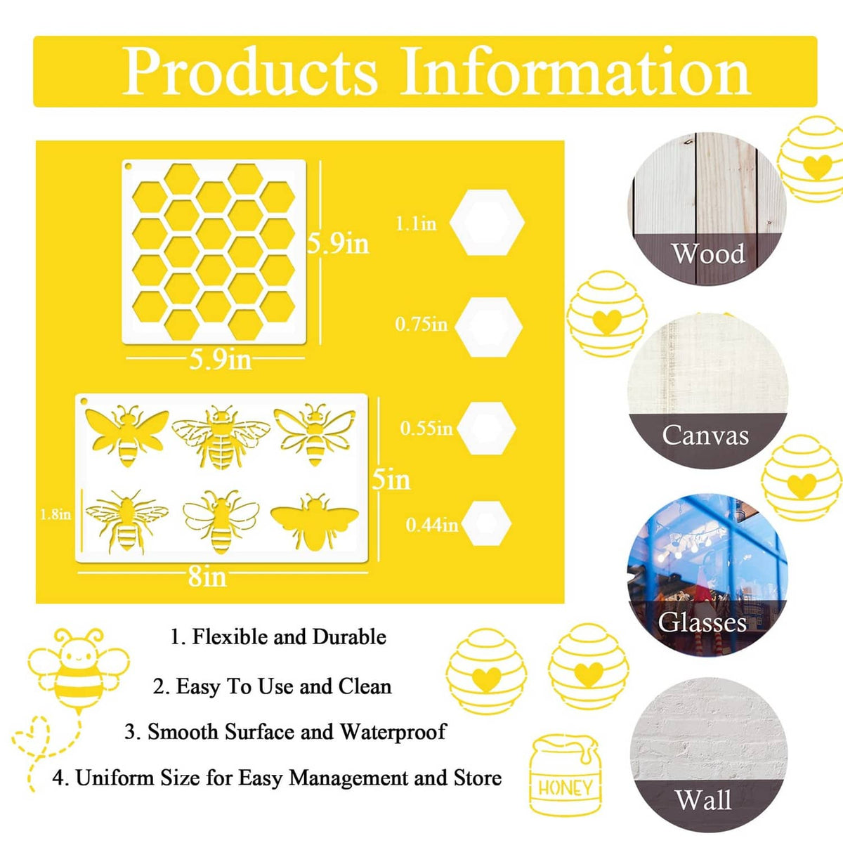 Bee honeycomb stencil product information chart with sizes, materials, and use examples