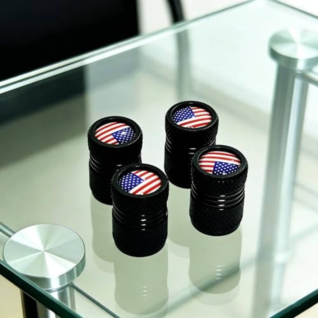 Black knurled valve stem caps with round US flag inserts, four pieces
