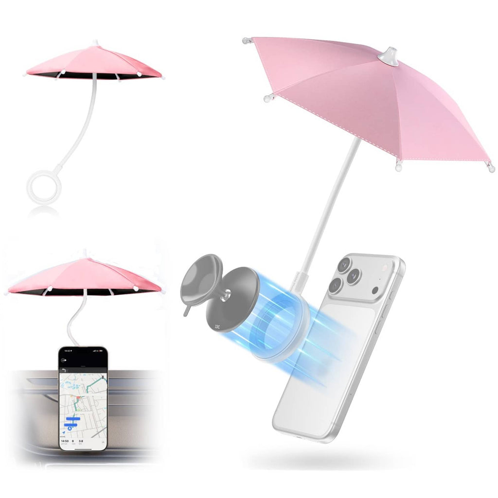 Pink magnetic phone umbrella with dual-magnet phone mount and umbrella canopy.