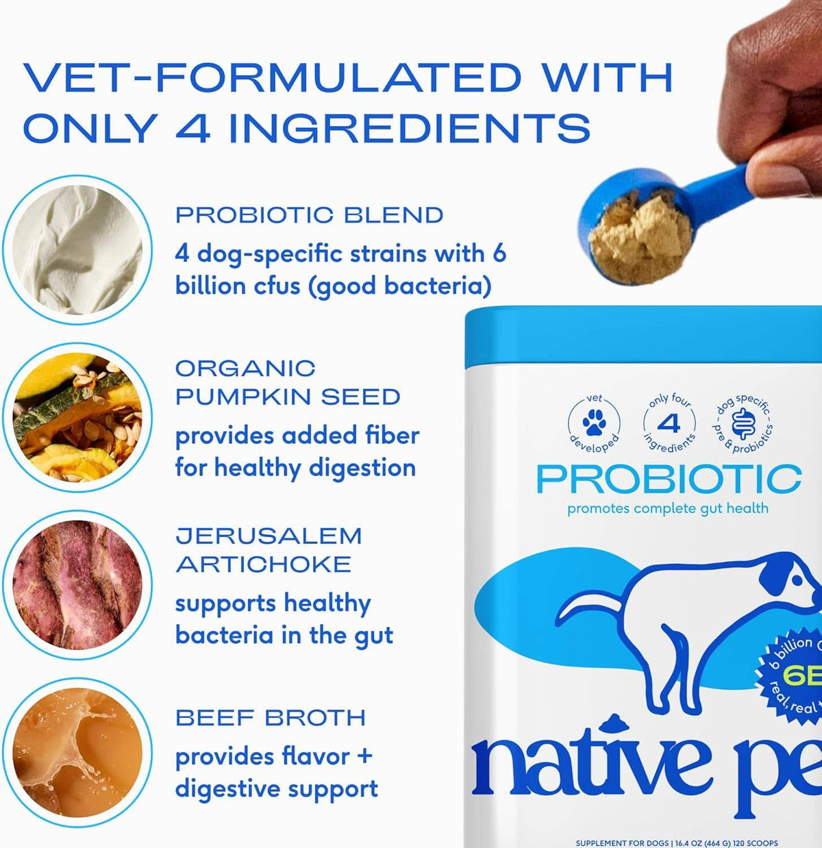 Vet-formulated Native Pet dog probiotic powder with 4 ingredients: pumpkin seed and beef broth