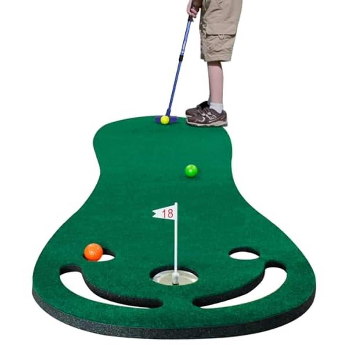 Golf putting mat with hole and colored balls; arched green turf shape for practice