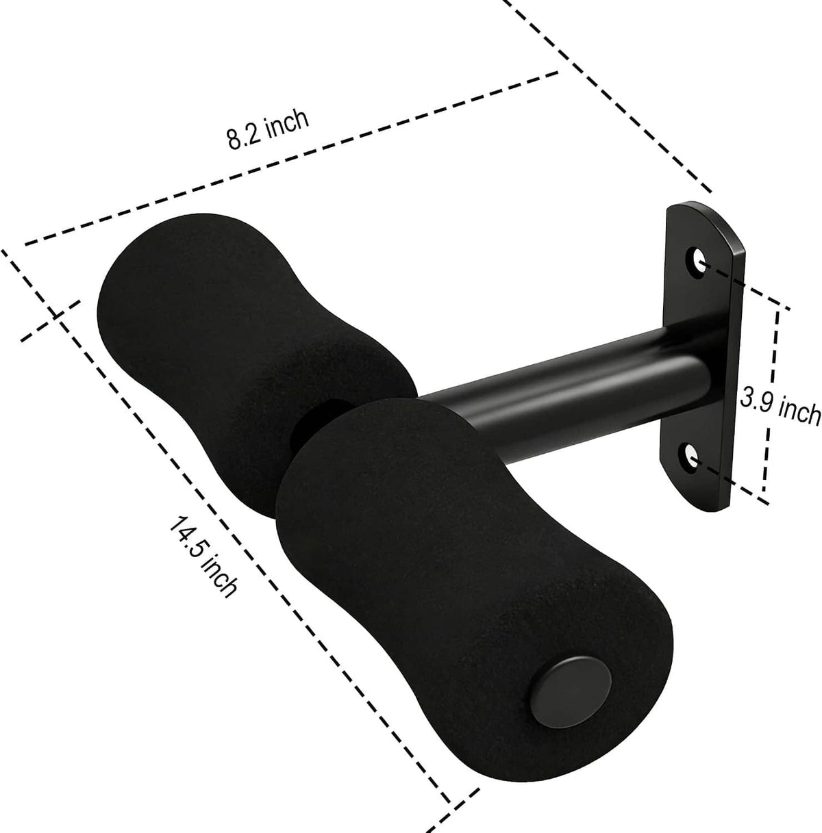 Black foam foot holder with metal bar and wall plate, shown with size guides.