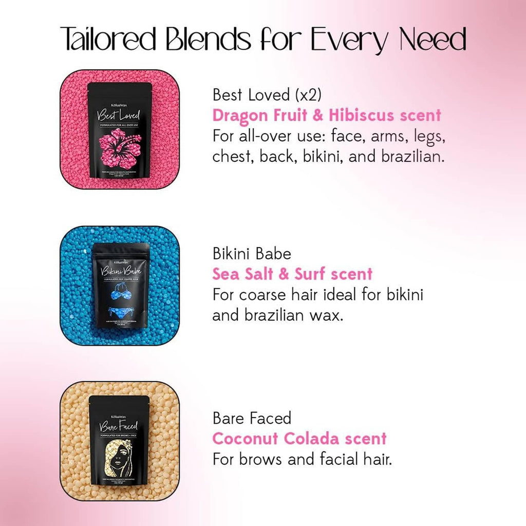 KoluaWax wax beads with scent options: Dragon Fruit & Hibiscus, Sea Salt & Surf, Coconut