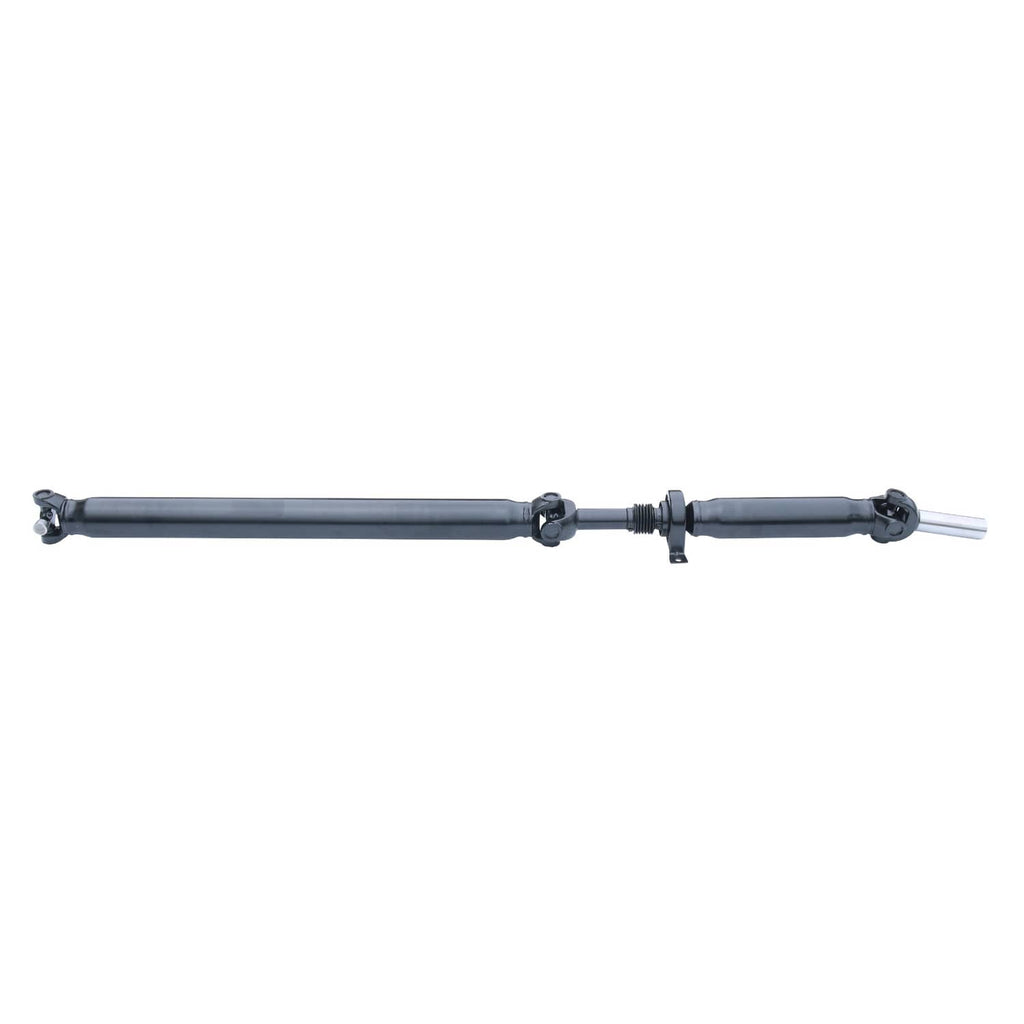 Rear driveshaft prop shaft assembly with black tube and silver end yokes, straight view