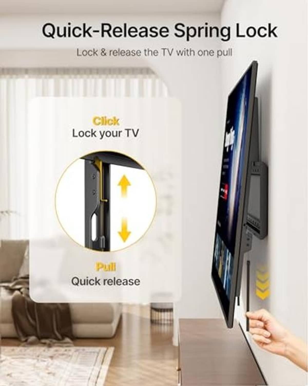 Fixed TV wall mount bracket with quick-release spring lock for pull-to-release mounting