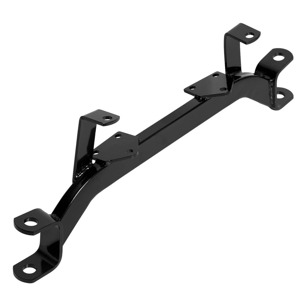Black drop axle lift crossbar with end mounting brackets and bolt holes