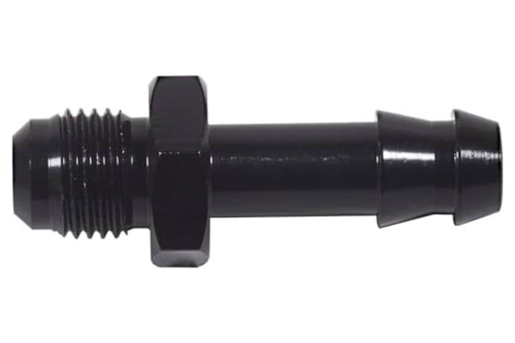 Black straight adapter fitting with male threaded end and hose barb