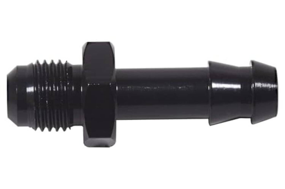 Black straight adapter fitting with male threaded end and hose barb