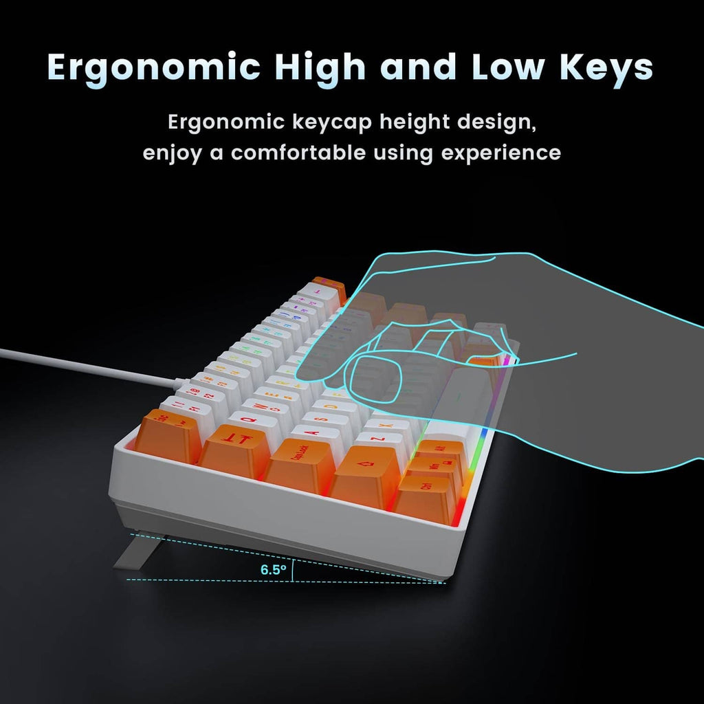 White and orange wired mini keyboard with ergonomic key height and RGB lighting
